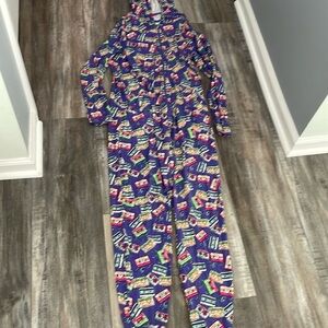 MeUndies Unisex S/M Purple Cassette Tape Print One Piece Jumpsuit Pajama Hooded